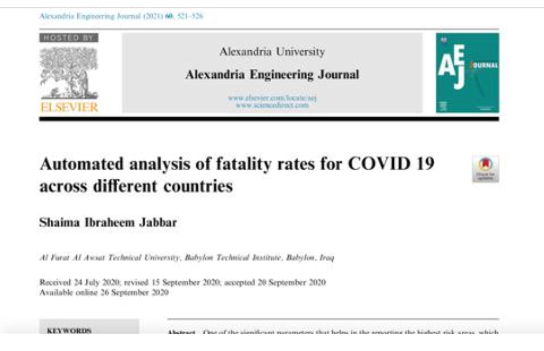 Automated analysis of fatality rates for COVID 19 across different countries Dr. Shaima Ibraheem Jabbar PhD in Biomedical Engineering from Keele University, UK